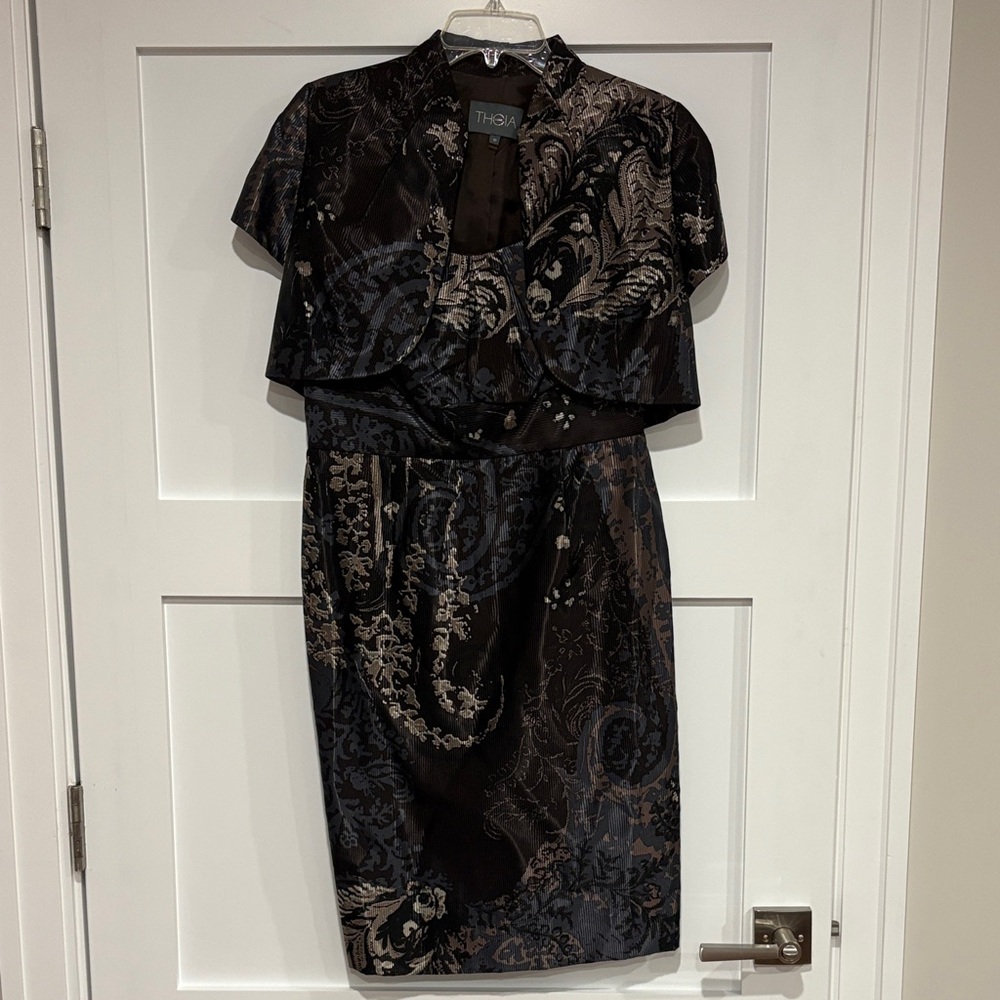 Theia Black and Brown Floral Midi Dress with Jacket